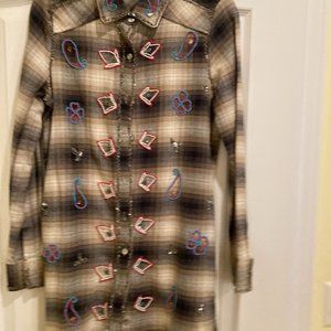 Vintage Miss Me Beaded Plaid Shirt Dress